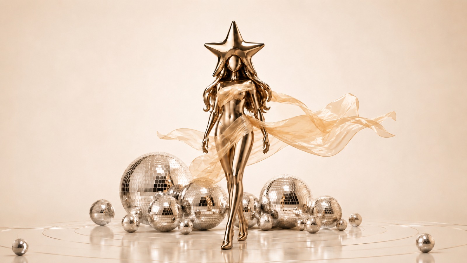 Astrus — estátua dourada com globos espelhados